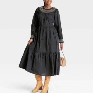 Universal Thread Balloon Long Sleeve Tiered Dress, Charcoal with Smocking
